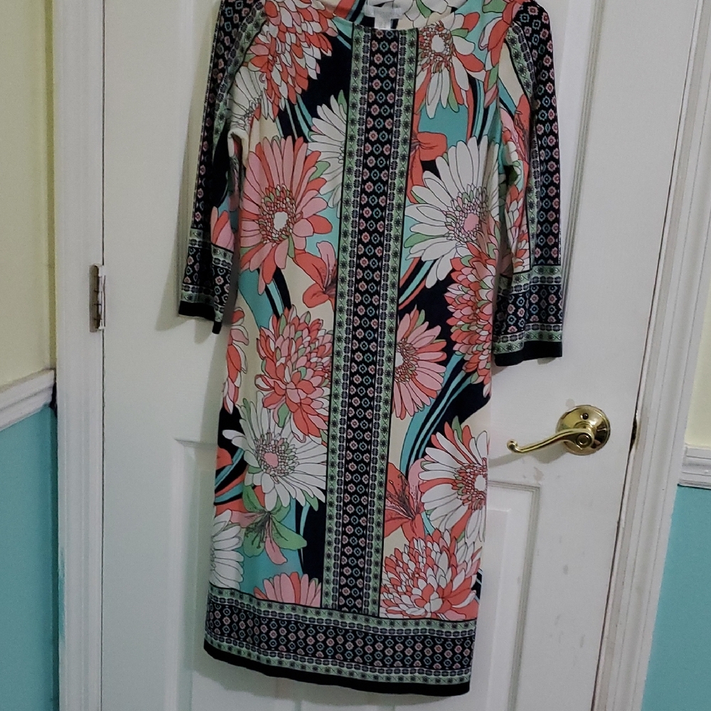 London Times Colorful Floral Office Church 3/4 Sleeves Shift Jersey Mini Dress 6